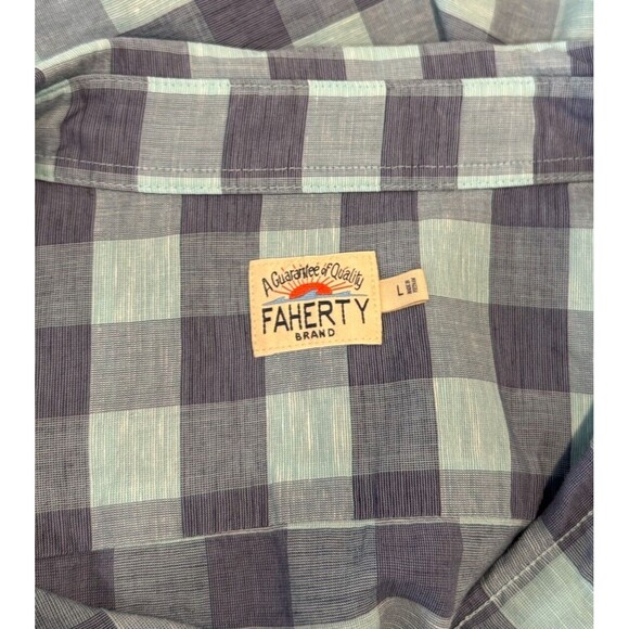 Faherty Mens Button Up Shirt Blue Ventura Short Sleeve Linen Plaid Stretch Large - Picture 4 of 10